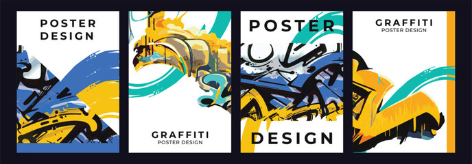 Set of posters in graffiti style. Street art, drawing on the wall. Poster template, design elements. © Ivan