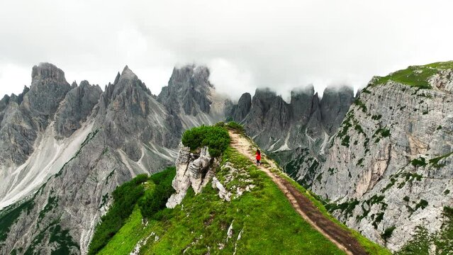 Aerial view Cadini di Misurina mountain group in Dolomites, Italy, part of Tre Cime di Levaredo national park and UNESCO world heritage site.