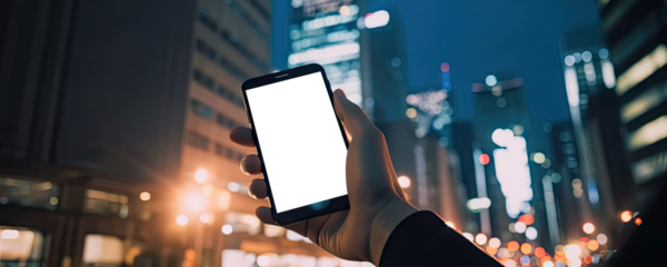 Hand holding smartphone with cut out screen on evening urban background