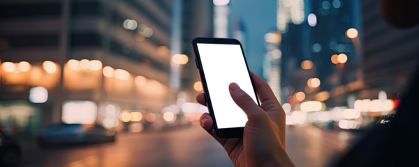 Hand holding smartphone with cut out screen on evening urban background