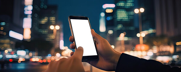 Hand holding smartphone with cut out screen on evening urban background