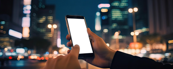 Hand holding smartphone with cut out screen on evening urban background