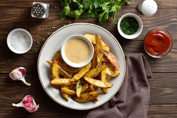 Baked potato wedges with sauce