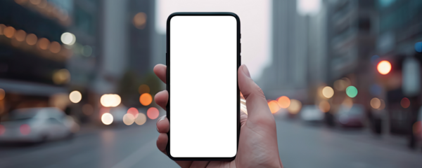 Hand holding smartphone with cut out screen on evening urban background