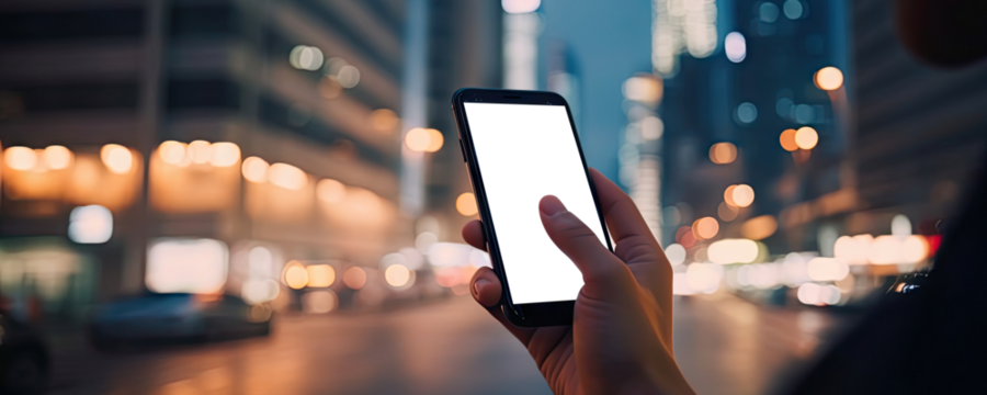 Hand holding smartphone with cut out screen on evening urban background