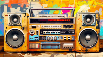 Vintage boombox in the grunge background.  illustration. Ai generated