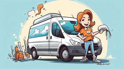  a woman holding a paintbrush next to a white van.  generative ai