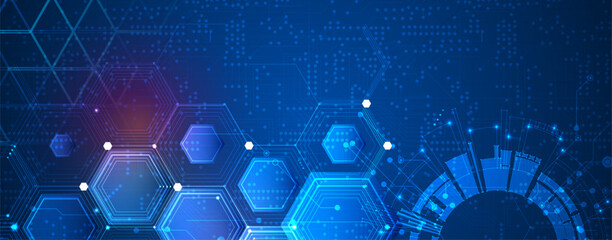 Obraz premium Technology banner design with hexagons abstract background.