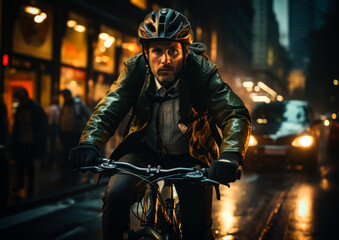 Fototapeta na wymiar A man riding a bike down a street at night