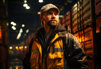 Fototapeta premium A man wearing a yellow jacket and hat standing in a warehouse