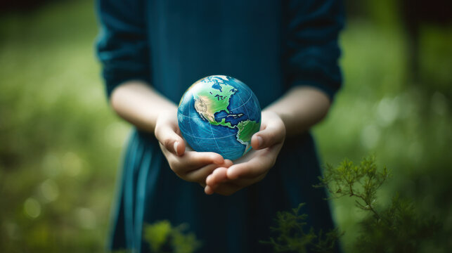 globe blue on hands in green blurred nature background, earth in adult hands , earth day, world day, energy saving concept, Elements of this image furnished by NASA.