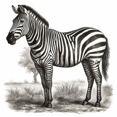 Fototapeta na wymiar Zebra on the background of the African savannah, engraving style, close-up portrait, black and white drawing