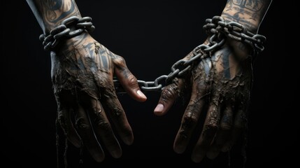 Trapped in Despair: Two Dirty Tattooed Hands Helplessly Bound in Chains Hanging Down, Highlighted by a Dim Light Reflecting Hopelessness and Defeat