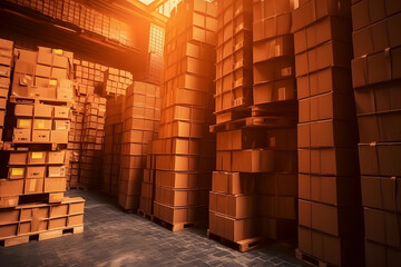 Package Boxes Wrapped Plastic Stacked on Pallets in Storage Warehouse. Supply Chain. Storehouse Distribution. Cargo Shipping Supplies Warehouse Logistics, neural network generated image