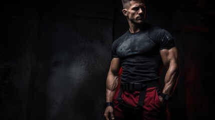Chiseled Muscular Man in Relaxed Confident Posture - Dark Rustic Wall with Space for Quote, Highlighting Discipline and Results - New Year's Resolution Concept - Generative AI