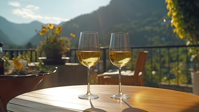 table on a terace with two glasses of wine, sunshine, summervibes, mountains in the background, neural network generated photorealistic image
