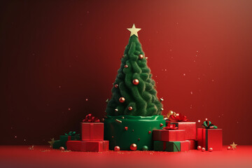 Christmas tree and gift boxes on a green background. 3d rendering
