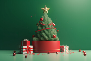 Christmas tree and gift boxes on a green background. 3d rendering