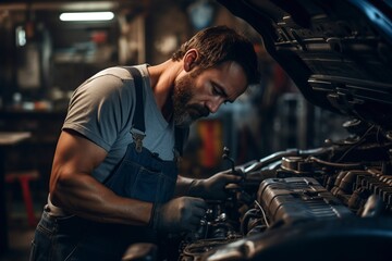 Obraz na płótnie Canvas young mechanic fixing a car