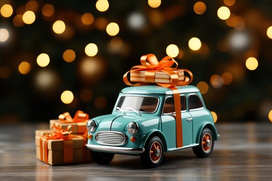 Christmas gifts, toy car with gifts on a dark background with a bright bokeh, AI generation,