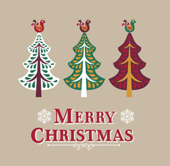 Merry Christmas Lettering with Christmas Trees and Cute Birds- Christmas Natural Background