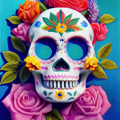 Fototapeta premium Traditional Calavera, Sugar Skull decorated with flowers. The day of the dead. 3D illustration.