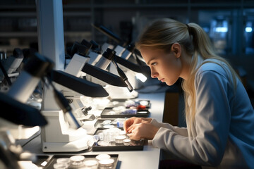 Woman lab technician selectively inoculating fungal culture for microscopic examination.