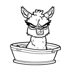 angry lama bath, vector illustration line art