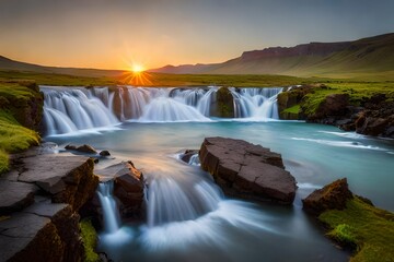 Summer sunset with unique waterfall - Bruarfoss. Colorful evening scene in South Iceland, Europe.