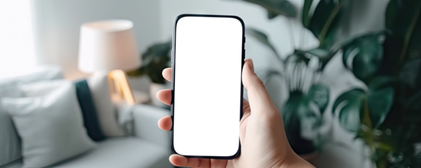 Hand holding smartphone on blurred background of a living room