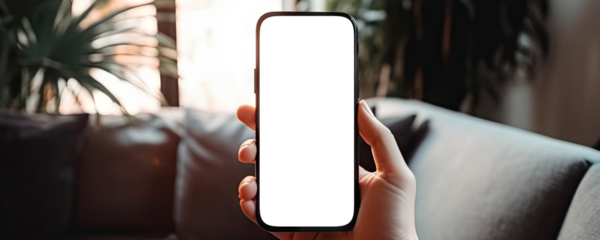 Hand holding smartphone on blurred background of a living room