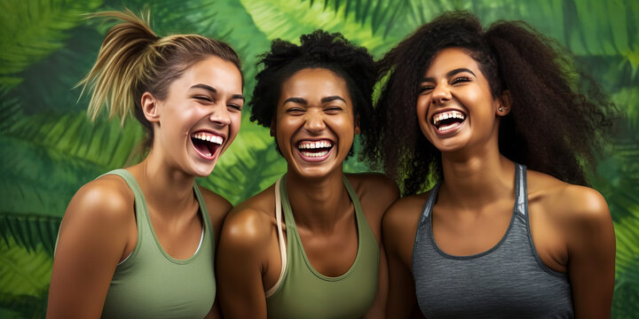 Vibrant image capturing joyous young women in fitness attire, brilliantly executing intricate yoga move - backdropped by a lush green. Laughter-infused wellness. Generative AI