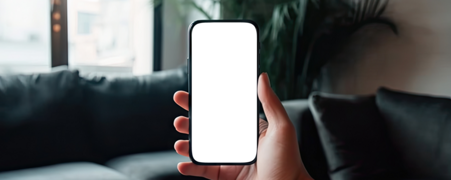 Hand holding smartphone on blurred background of a living room