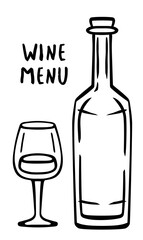Outline a bottle of red wine and a wine glass on a white background. Vector illustration. Great for menu design