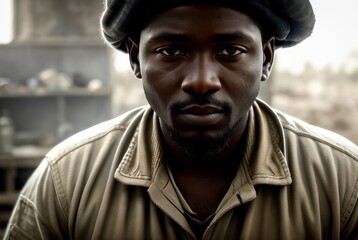 portrait of positive afro american auto mechanic in uniform posing after work, he is keen on repairing cars, automobiles. Portrait of a car mechanic working in a workshop