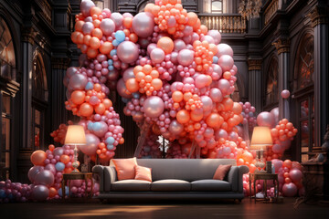 Fototapeta na wymiar Luxurious interior decorated with balloons for celebrating an important event, birthday, wedding, Christmas
