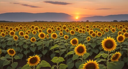 Golden Sunset Over Expansive Mature Sunflower Field