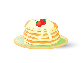 Pancakes on a plate poured with syrup and garnished with strawberries.