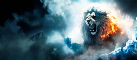 King Jesus, The Lion of Judah's Roar: Unveiling the Spiritual Fire and Ice of Jesus' Return, the Ultimate Triumph of Christian Faith. - obrazy, fototapety, plakaty