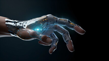Robot hand on dark background with copy space. 