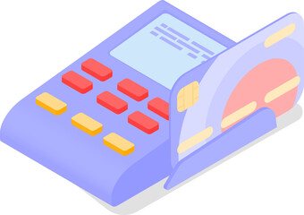Isometric cash register, cash machine with credit card activates vector illustration. Isolated on white background.