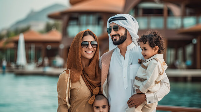 Happy Family On The Beach At Summer Vacation In Dubai, UAE.