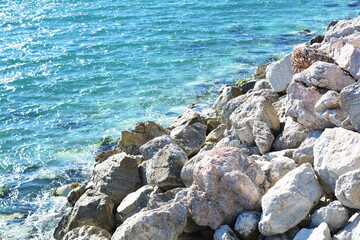 Seashore with stone. Surf. Coast in Malaga, Spain, Andalusia