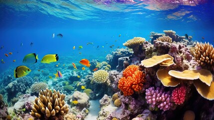  an underwater view of a coral reef with many colorful fish.  generative ai