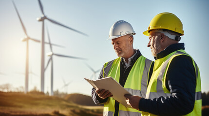 Fototapeta premium Close-up engineer and worker talking at work wind turbine