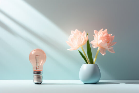 A dormant light bulb juxtaposed with a luminous flower, symbolizing the harmony of nature and technology on a monochromatic backdrop