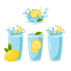 Water in a glass with lemon. Vector set.