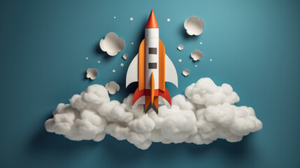 Fototapeta premium The paper rocket and cloudy on the grey background