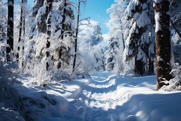 Freezing road in a snowy winter forest, snow and ice in nature, beautiful winter landscape