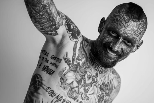 Grayscale of a Caucasian man with whole body covered in traditional tattoos on the white background
